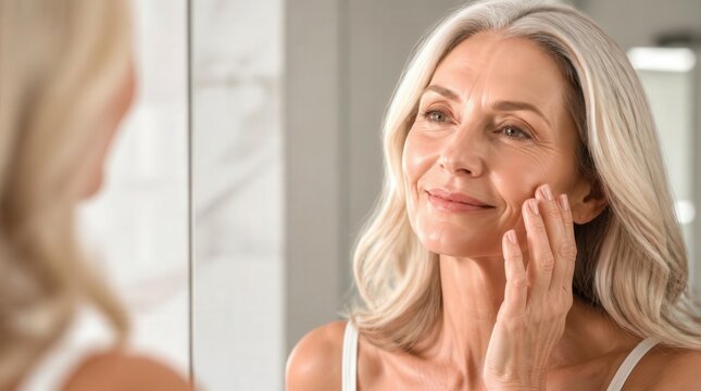 Senior woman touching face mirror reflection skincare advertising portrait