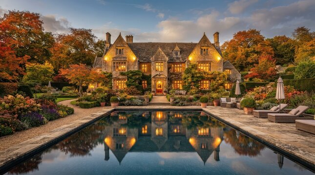 Illuminated stone manor house with swimming pool and closed patio umbrellas