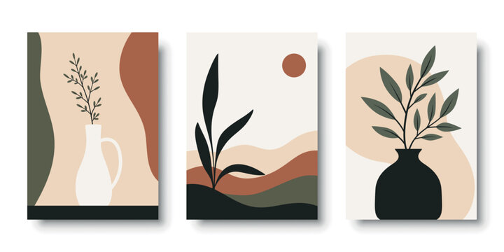 Abstract Wall Art Set, Vector Illustration. Boho Wall Art Prints. Minimal Wall Art Posters with Botanical Vase, Leaves, Terracotta Shapes. Modern Abstract Printable Artwork Collection