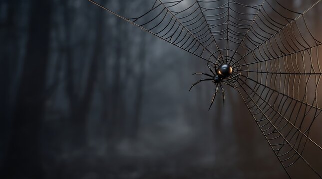 Glossy black widow spider hangs on dark web with spooky foggy forest background for horror designs.