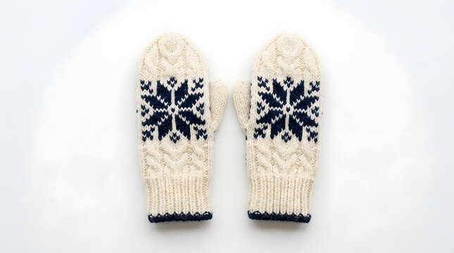 Pair of knitted wool mittens featuring a blue and white snowflake pattern on transparent background.