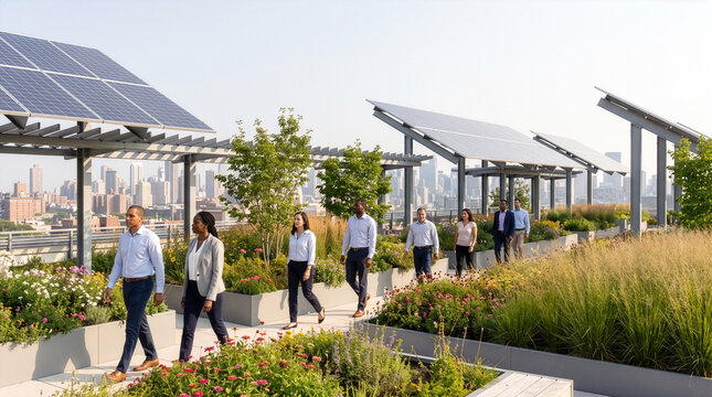 Diverse business people walking in modern rooftop garden with solar panels