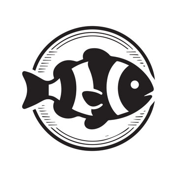 Minimalist black and white clownfish icon in a circular frame, stylized marine life vector illustration for logo or branding series.