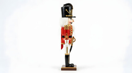 Fototapeta premium Nutcracker figurine standing upright in profile against a clean transparent studio background.