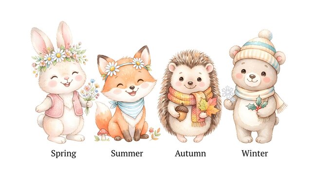  A cozy watercolor illustration of baby animals wearing winter clothing, creating a warm and adorable seasonal theme.
