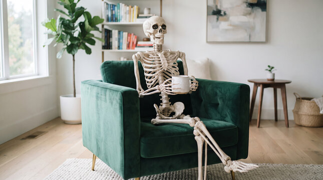 A skeleton sits in an armchair holding a mug, evoking themes of mortality, contemplation, and relaxation.