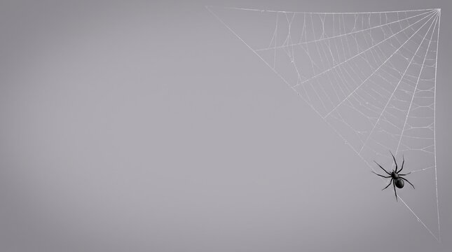 Black widow spider sits on triangular web in right corner of plain gray background with space.