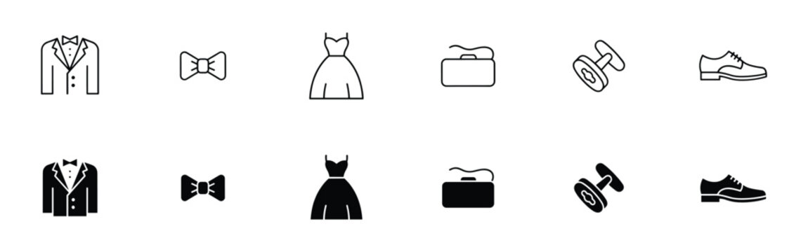 Formal wear icon set with tuxedo and evening gown in black