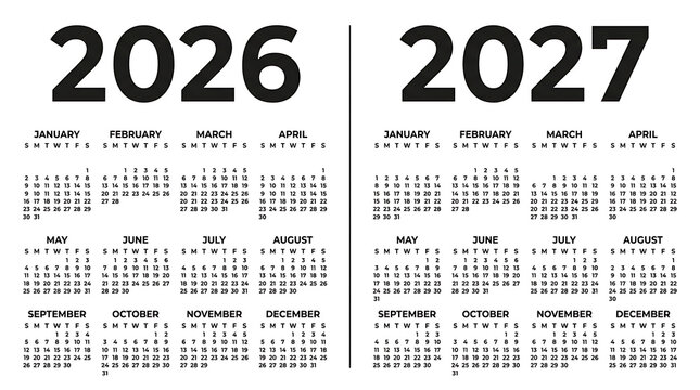 Two year calendar for 2026 and 2027, simple black and white annual planner template.