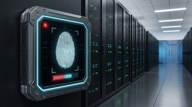 Biometric fingerprint scanner on data center server rack illustrating physical access control and identity verification
