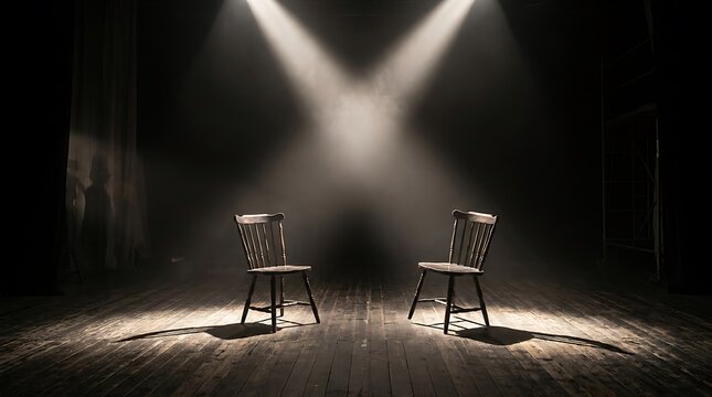 2 chairs on stage illuminated by dramatic spotlights in a dark empty theater creating a theatrical scene