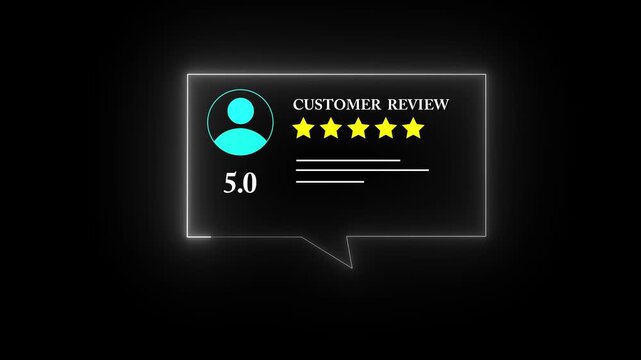 Glowing white neon Rating 5 stars icon customer review concept, character giving five star feedback on neon rectangle. 4k video