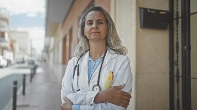 Woman doctor with stethoscope and pens, arms crossed in a resolute pose standing on street outside clinic; confidence.