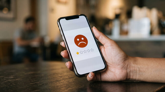 Hand holding smartphone displaying a negative review with a sad face and one star, symbolizing dissatisfaction and poor feedback