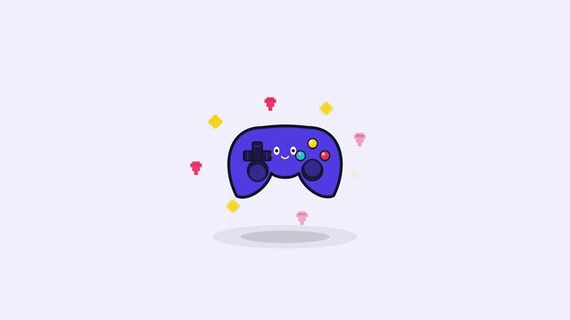 Cute purple video game controller character floating with pixel sparkles animation