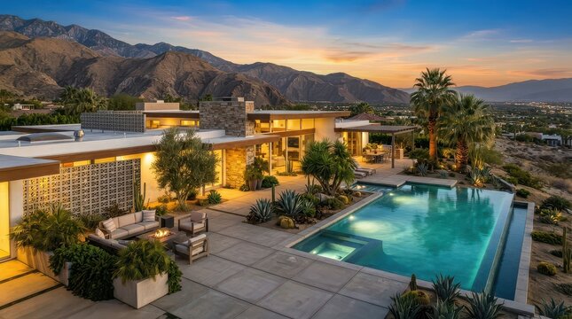 Desert hillside house with illuminated pool and inset spa at sunset