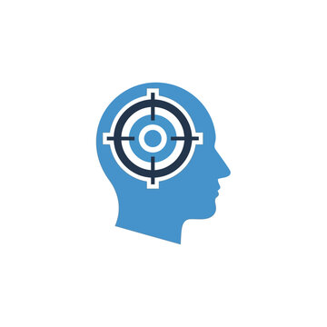 Minimal vector illustration of human head profile with target icon representing focus goal mental targeting and business strategy