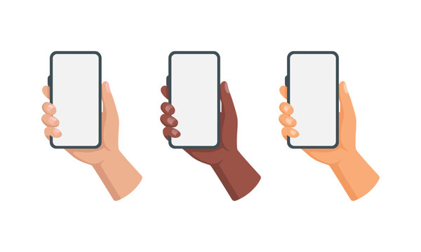 Hand Holding Phone Vector Set. Hand Holding Smartphone Illustration. Diverse Hand Holding Phone Mockup Collection with Blank Screen, Mobile Device in Different Skin Tone Hands