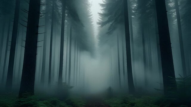 針葉樹の間を流れる霧 シームレスループ動画背景 16:9 4K
