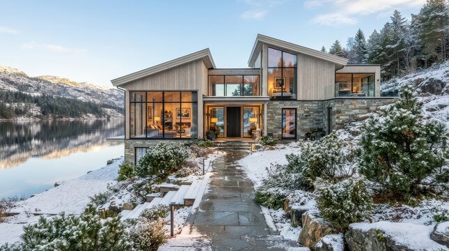 Modern lakeside house with opposing sloped roofs and straight garden path