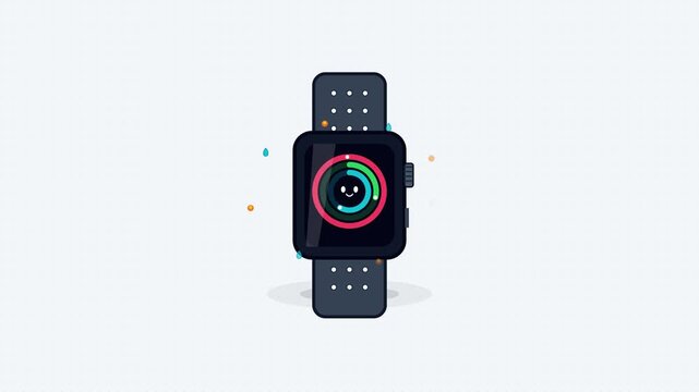 Smartwatch with colorful activity tracker rings and cute smiling face animation