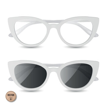 Cat Eye Glasses Vector Illustration. 3d White Cat Eye Glasses and Cat Eye Sunglasses Set. Retro Women Eyewear Illustration with Clear Lenses and Dark Shades. Fashion Accessory Isolated