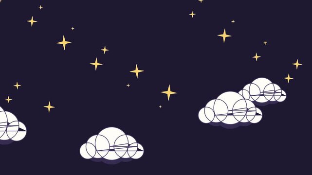 Animated night sky with cartoon clouds and glowing yellow stars moving across