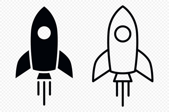 Rocket Icon Set, Vector Illustration. Black Silhouette and Outline Space Rockets. Startup Launch Symbol, Spacecraft, Spaceship. Business Growth, Innovation, Project Launch, Technology Concept