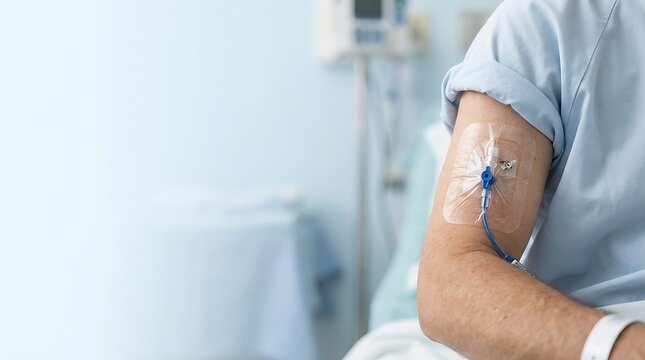 Patient arm showing peripheral intravenous cannula line securely taped for medical treatment in a bright clean hospital room setting interior