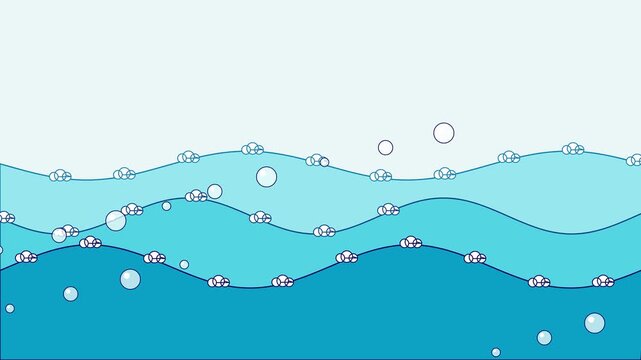 Animated ocean waves with floating bubbles in a minimal vector graphic style