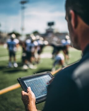 Sports Coach Analyzing Player Data on Tablet Sideline