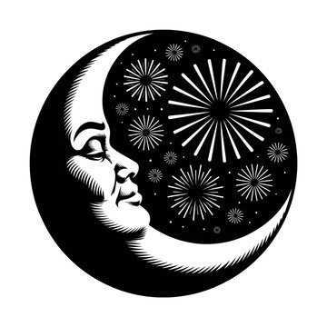 Vintage woodcut style crescent moon with human face and starry night sky circular emblem on white background