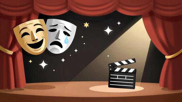 Stage with comedy and tragedy masks, spotlight shines on clapperboard.
