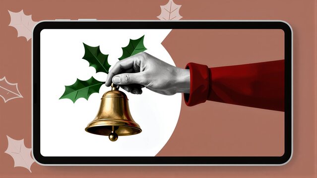 Elf hand rings golden bell on tablet screen, festive holly accents frame.