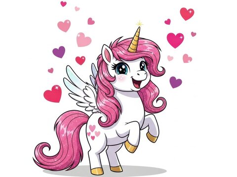 Playful pink unicorn surrounded by hearts