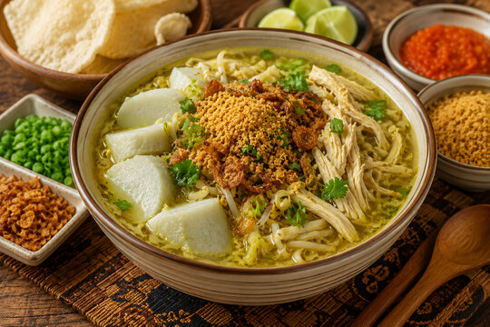Traditional Indonesian chicken soto with rice cake, koya, bean sprouts, cabbage, herbs, and lime, ideal for culinary tourism, restaurant menus, and food culture content.