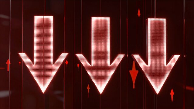 Red LED arrows signal decline, with subtle upward hints in the background.