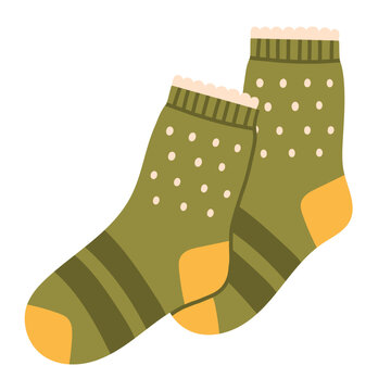 Cozy olive green socks with polka dots and stripes vector isolated on white background. Perfect for autumn fashion art, winter warmth graphics, hygge lifestyle prints, and seasonal decor