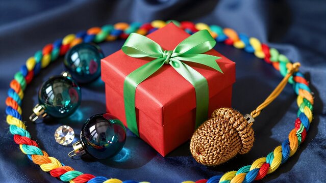 Red gift box with green bow surrounded by festive ornaments and a colorful braided rope.