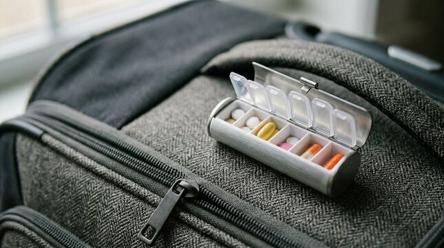 Travel Pill Case Standing Open on a Suitcase