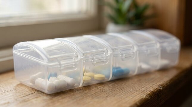 Weekly Pill Organizer Resting Open on a Kitchen Counter