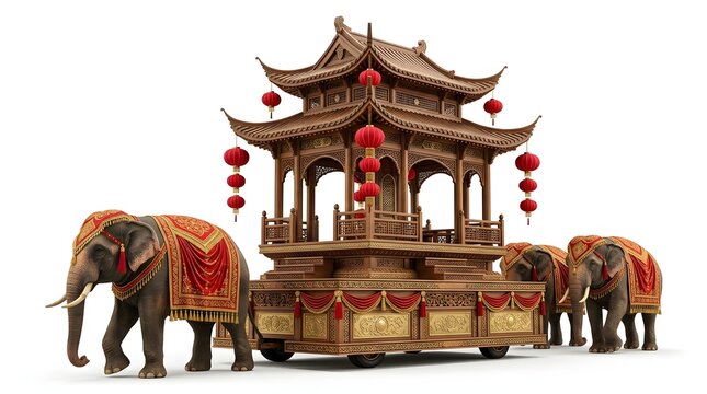 Traditional ornate wooden pavilion carriage with elephants