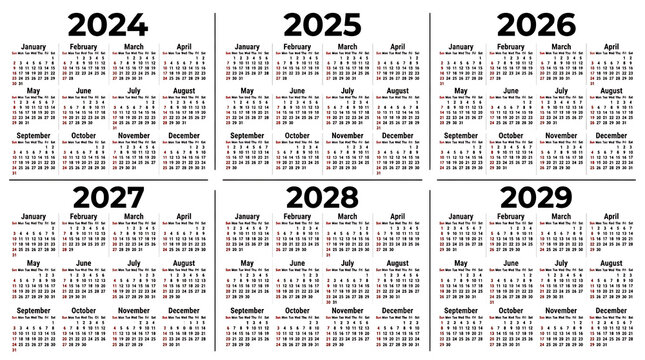Minimalist yearly calendar grid template for 2024 to 2029 on white background