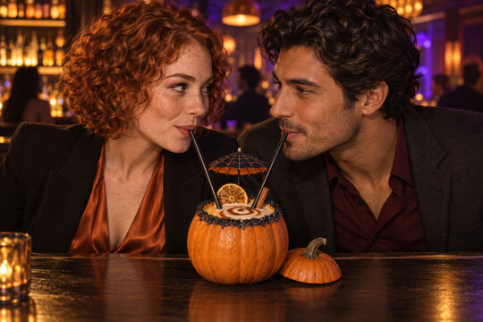 Romantic Couple Sharing a Pumpkin Colada Cocktail on a Halloween Date