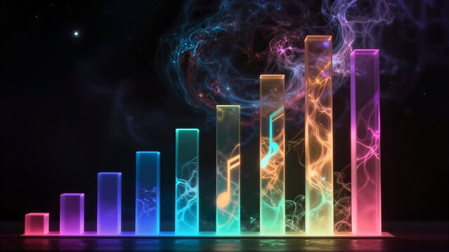 Colorful glowing bars rise against a cosmic nebula backdrop, futuristic data visualization.