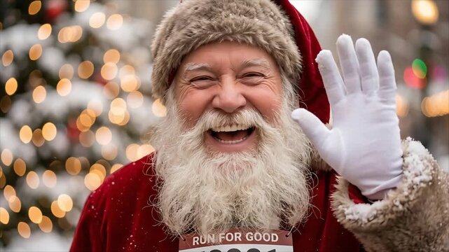 Cheerful man in santa claus costume waving hand and smiling at camera. Happy senior with white beard celebrating christmas at festive charity run event