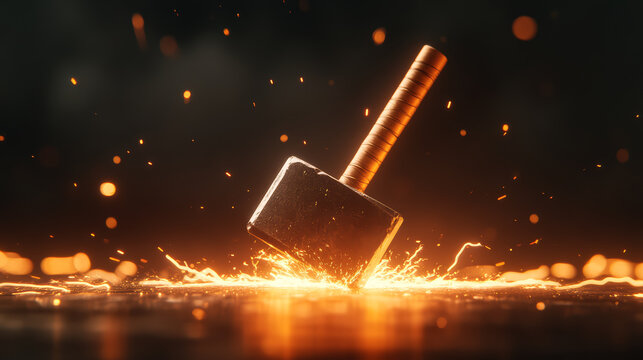 Striking image of hammer creating sparks on surface, showcasing power and energy