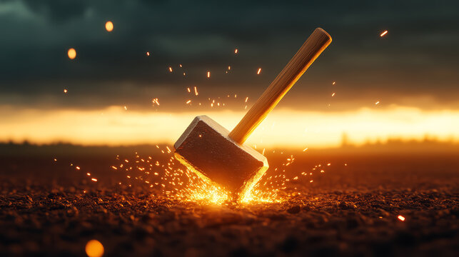 Striking image of hammer creating sparks against dramatic sunset backdrop, evoking power