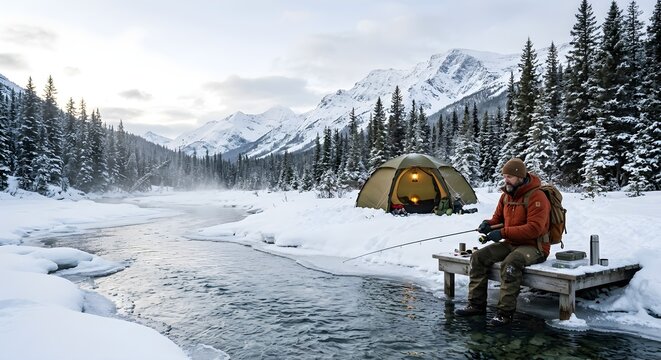 A happy winter with fishing salmon and camp in tent with family including aurora borealis