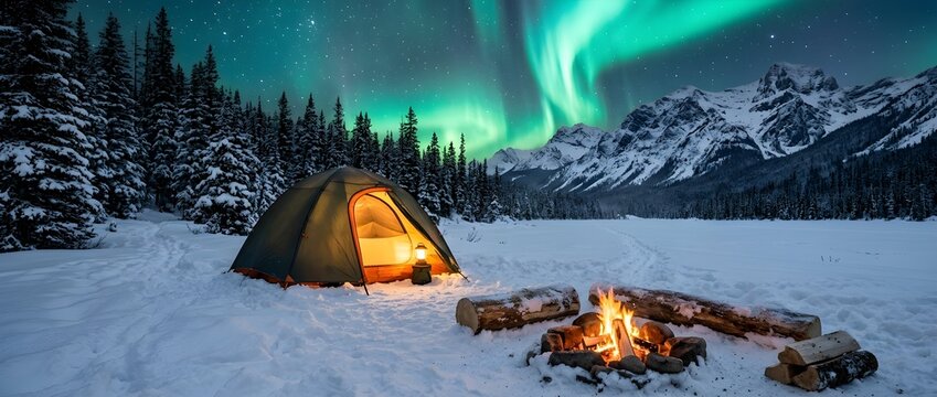 A happy winter with fishing salmon and camp in tent with family including aurora borealis